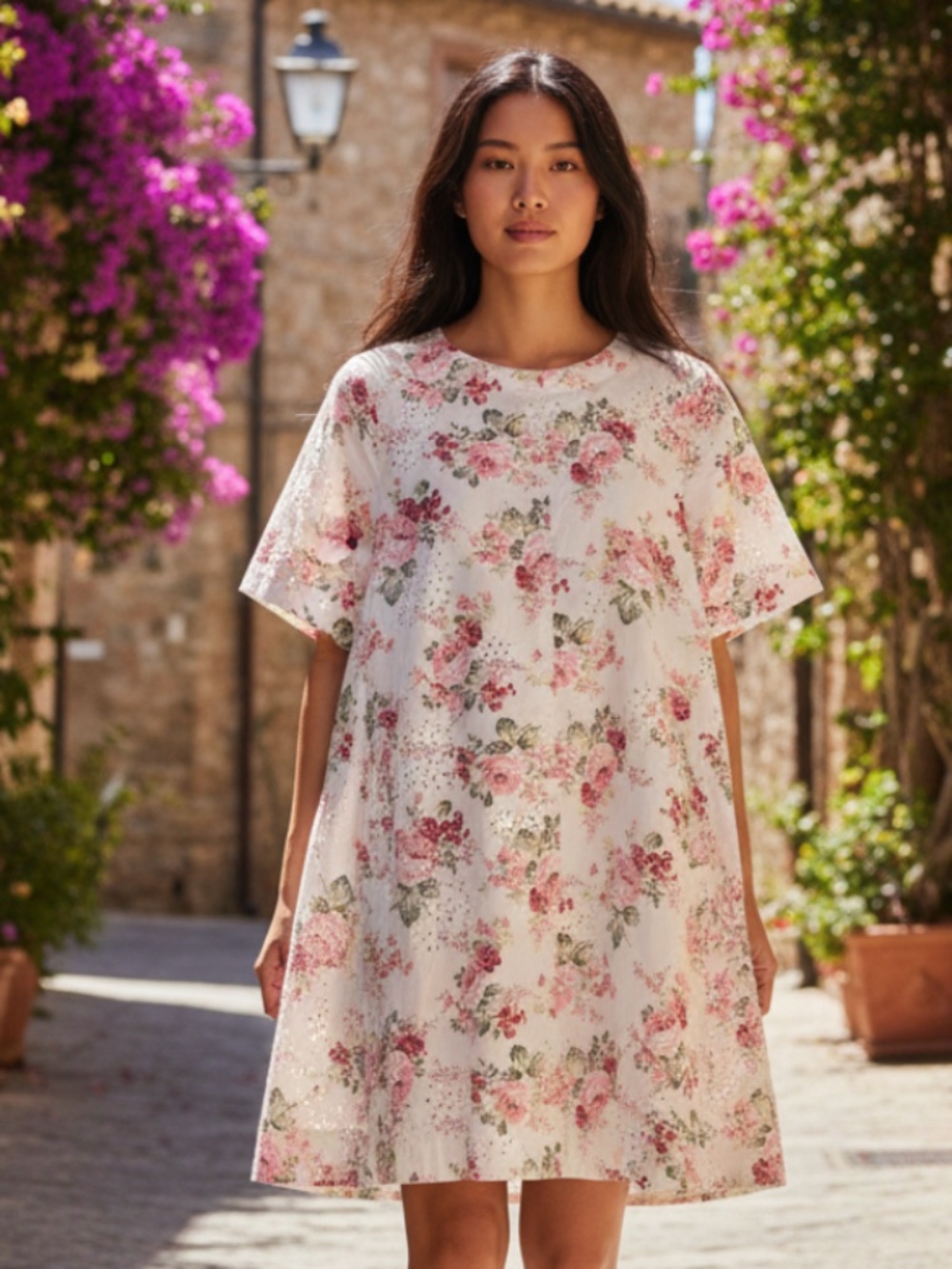 NEW Entro Dress Large 12 14 Swing Flare Floral Roses White Pink Cottage Romantic